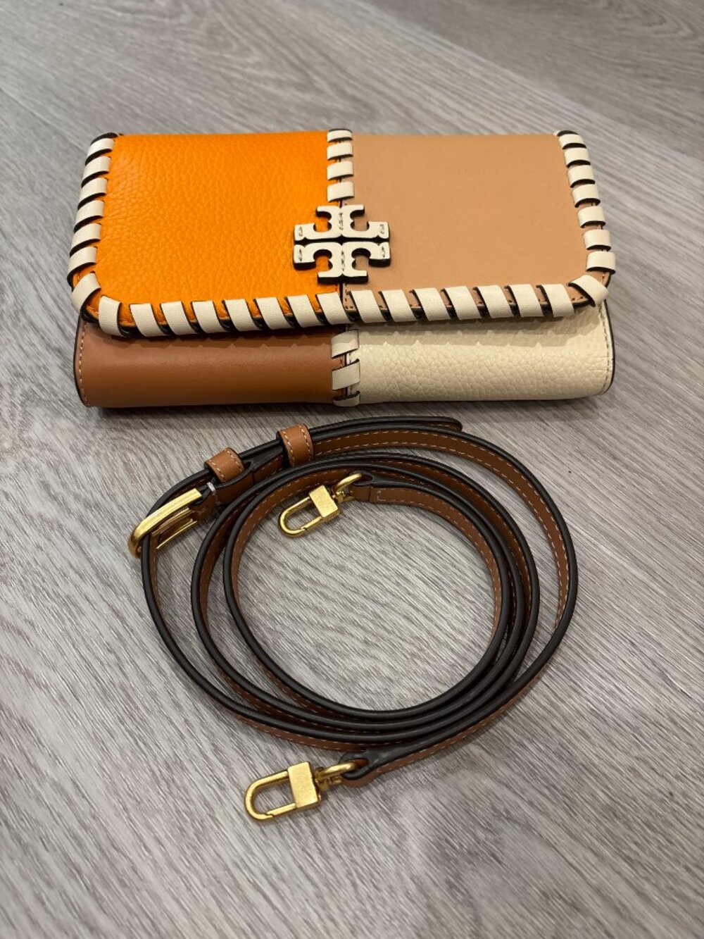 *NEW* Tory Burch Britten Patchwork Crossbody Bag Orange Tan Brown Creme